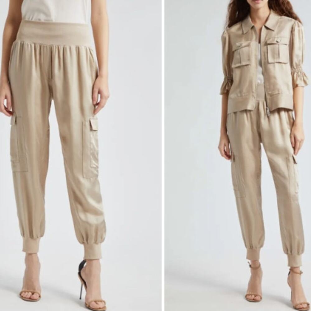 Cinq à Sept SZ L Giles Cupro Crop Cargo Joggers Khaki $265